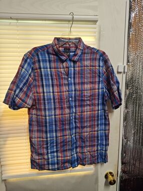GAP Men's Linen Short-Sleeve Plaid Button-Down Shirt - Blue, Red, White